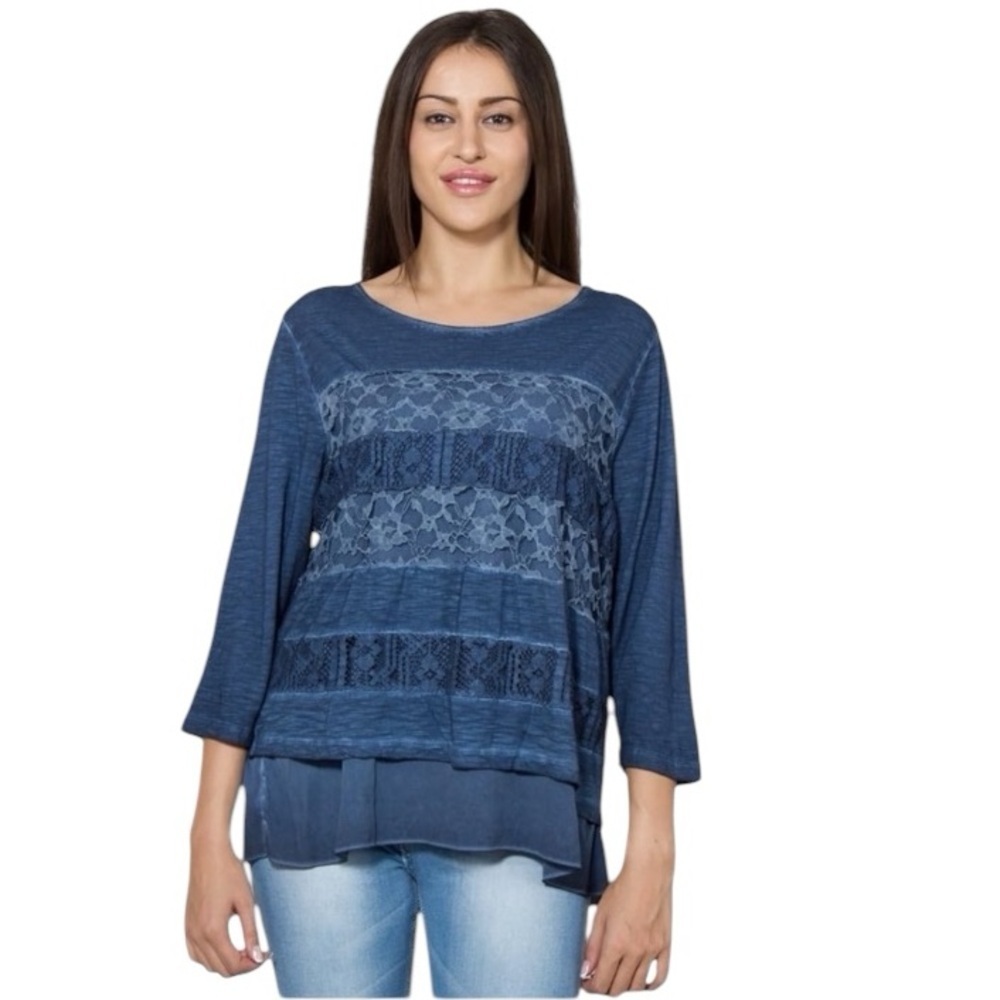 Chico’s Relaxed Fit Blue Lace Panels Tiered 3/4 Sleeve Boho Tunic Top Size L/XL